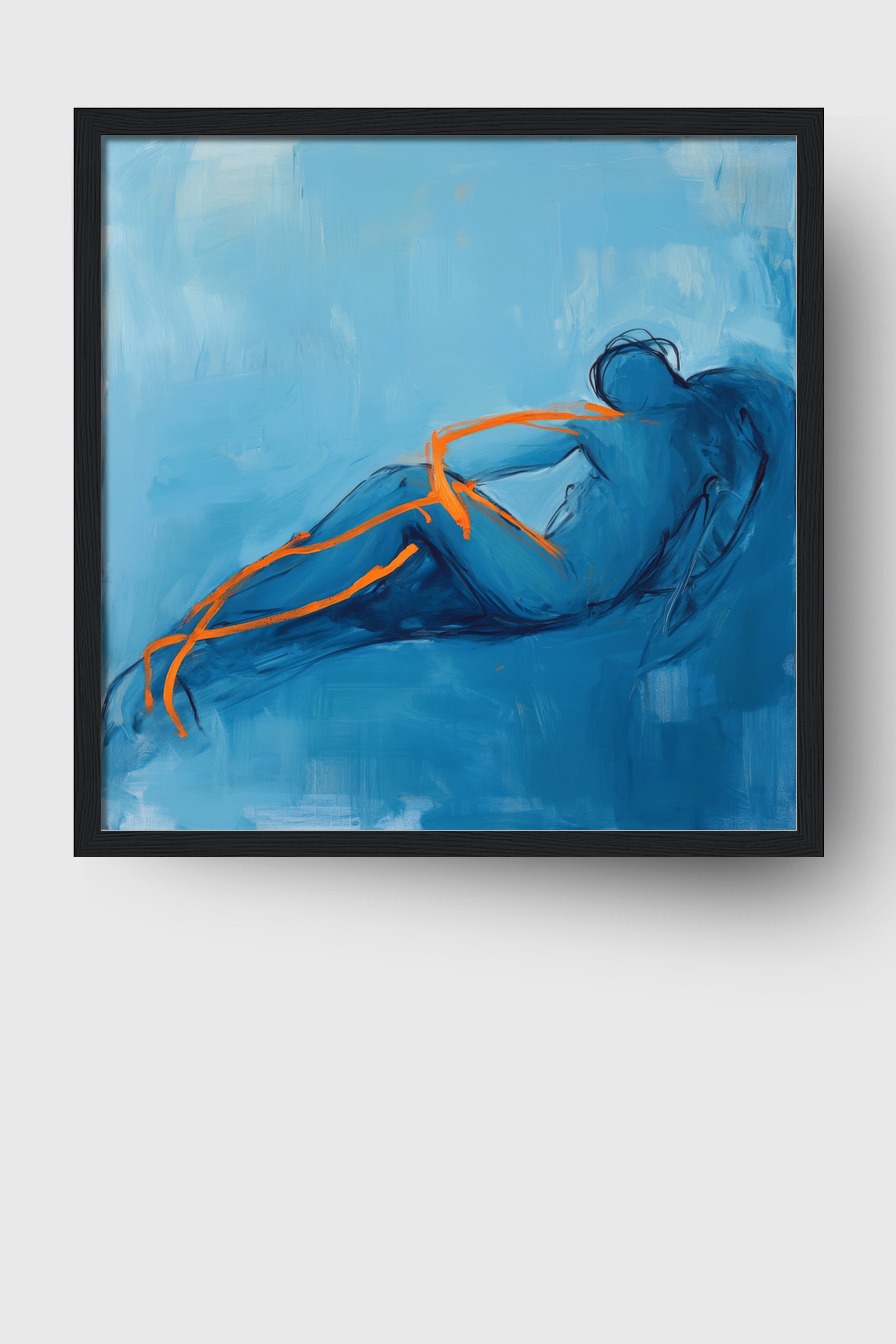 Abstrakter Kunstdruck einer liegenden menschlichen Figur in Blautönen mit orangen Linien, moderner Poster Kunstdruck