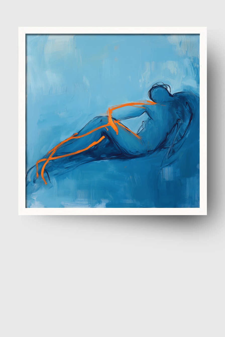 Abstrakter Kunstdruck einer liegenden menschlichen Figur in Blautönen mit orangen Linien, moderner Poster Kunstdruck