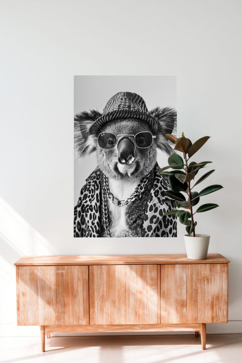 Schwarzweiß Poster eines Koalas mit kariertem Hut, Sonnenbrille und Kette, moderner Tierportrait Kunstdruck