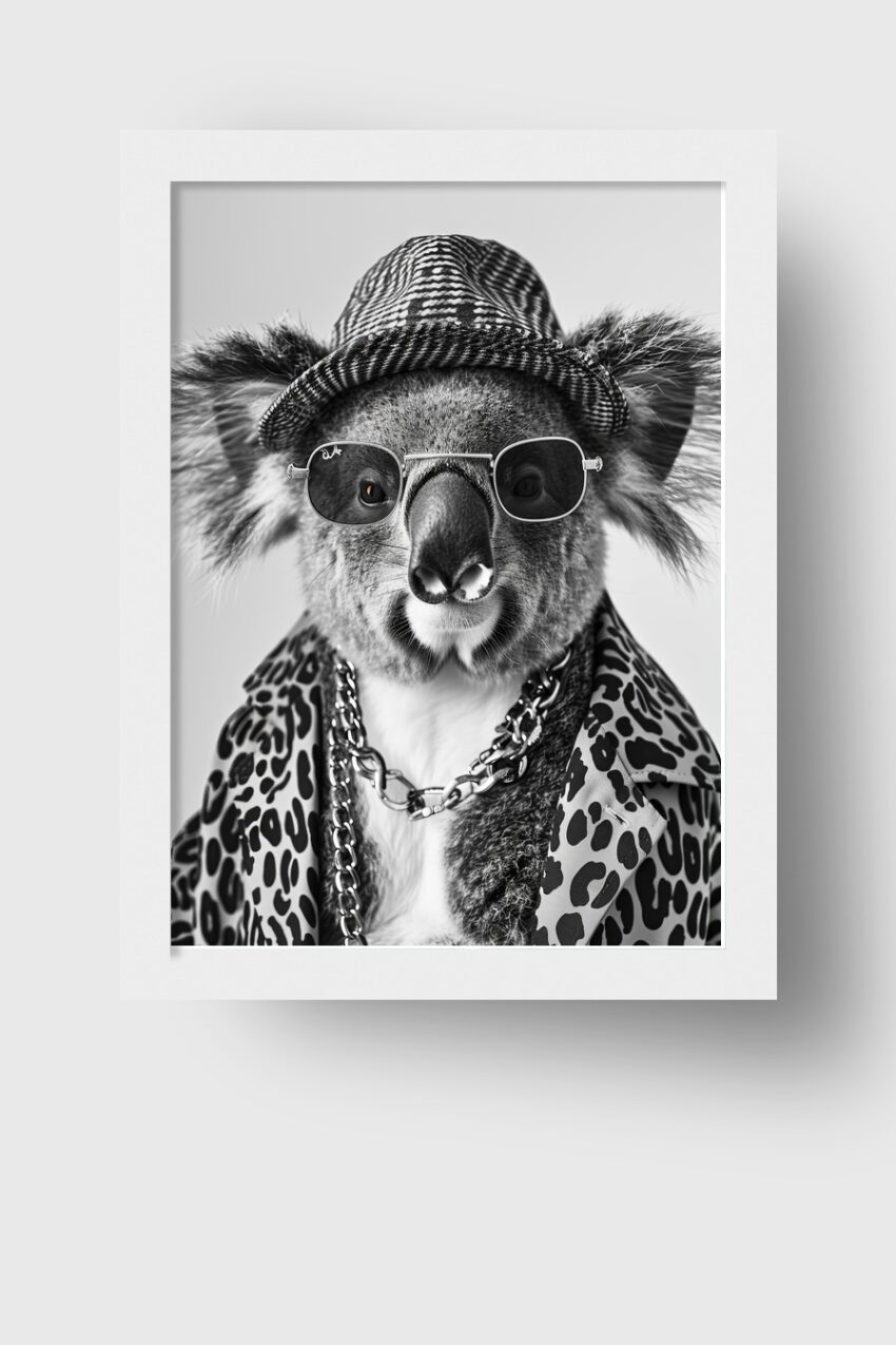 Schwarzweiß Poster eines Koalas mit kariertem Hut, Sonnenbrille und Kette, moderner Tierportrait Kunstdruck
