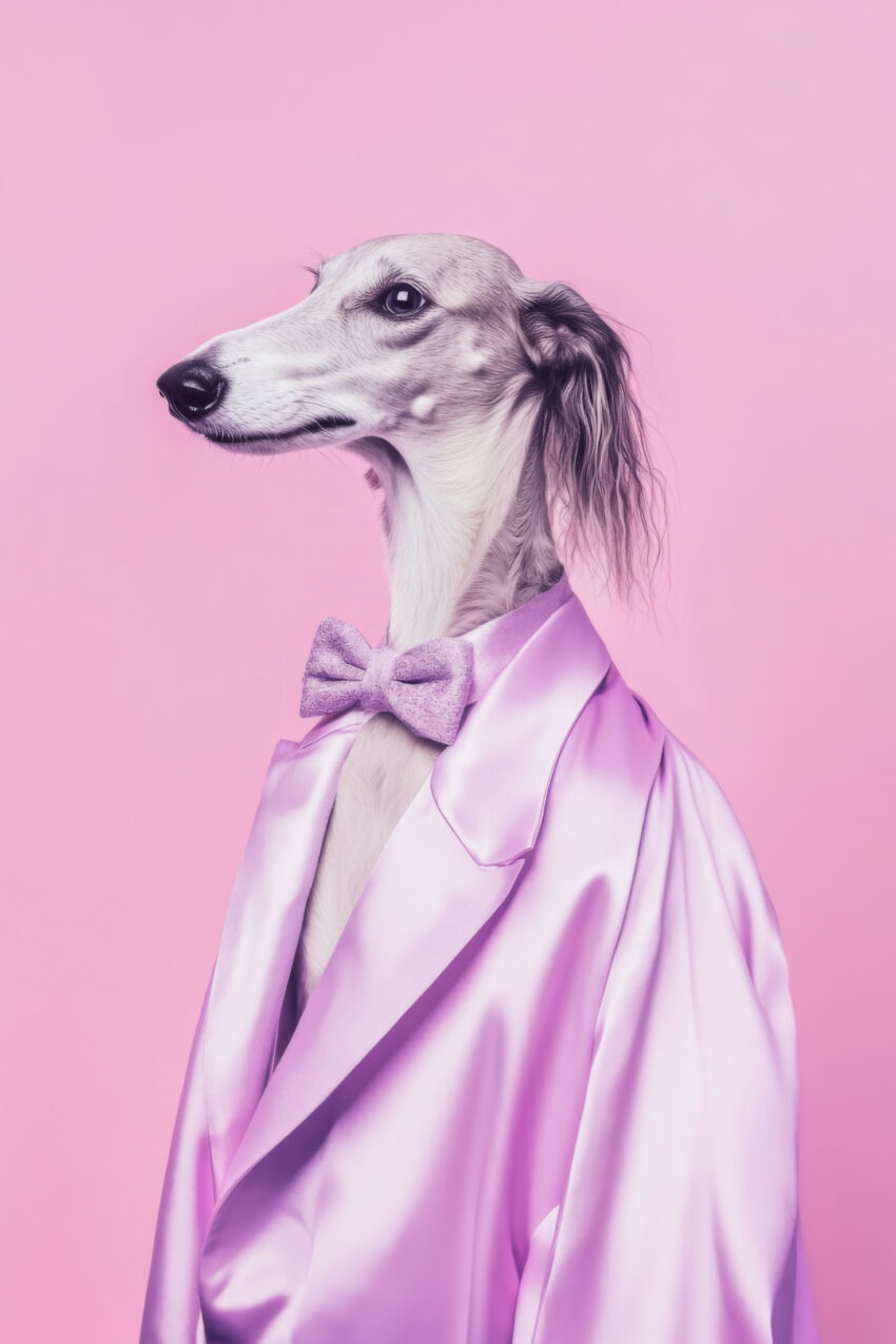 Poster mit Porträt eines Windhunds im lilafarbenen Satinanzug und Fliege vor rosa Hintergrund, moderner Hundekunst