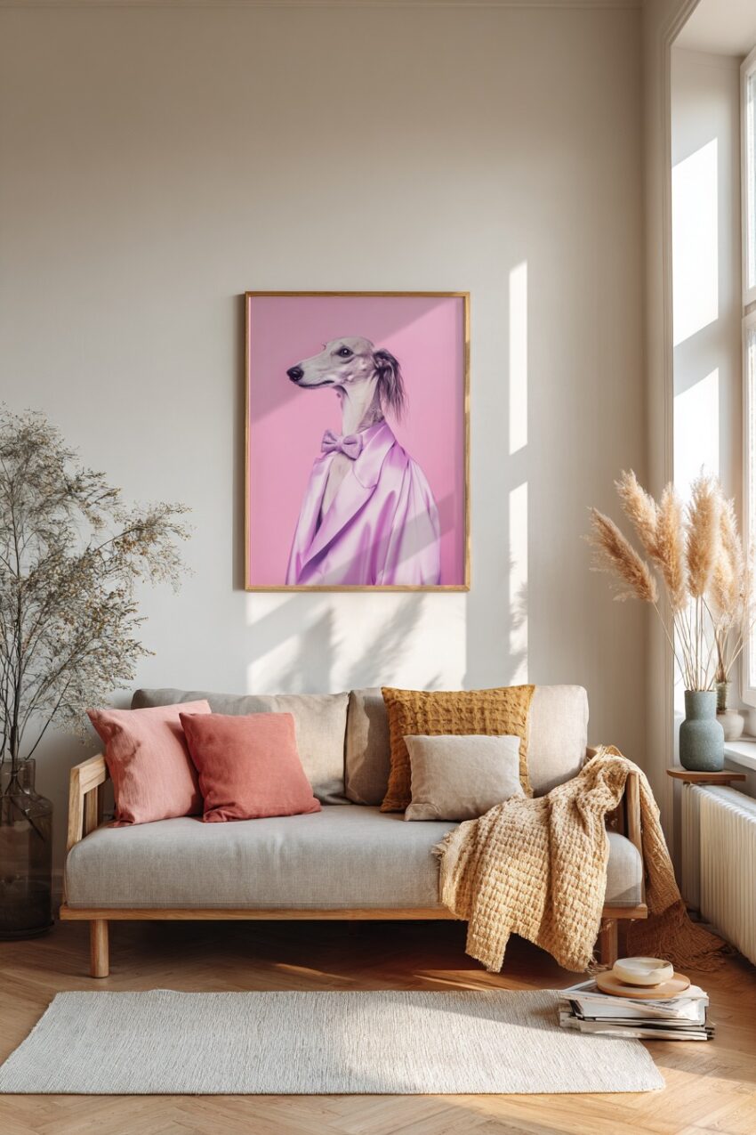Poster mit Porträt eines Windhunds im lilafarbenen Satinanzug und Fliege vor rosa Hintergrund, moderner Hundekunst