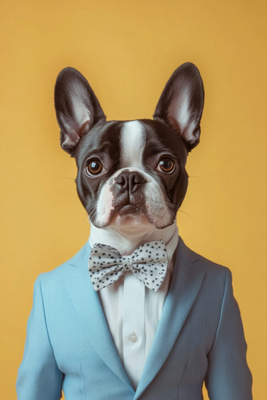 Poster mit Porträt einer Französischen Bulldogge im blauen Anzug und gepunkteter Fliege vor gelbem Hintergrund, farbige Haustierfotografie