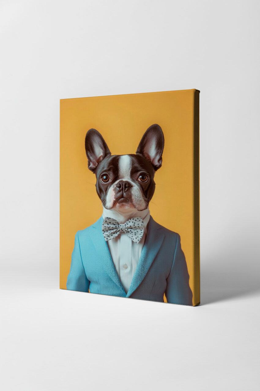 Poster mit Porträt einer Französischen Bulldogge im blauen Anzug und gepunkteter Fliege vor gelbem Hintergrund, farbige Haustierfotografie