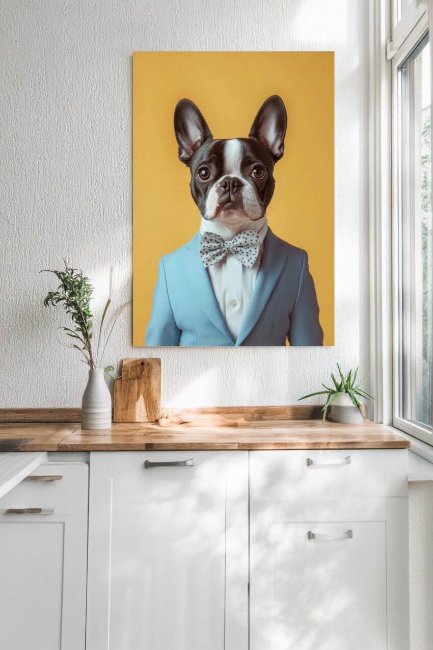 Poster mit Porträt einer Französischen Bulldogge im blauen Anzug und gepunkteter Fliege vor gelbem Hintergrund, farbige Haustierfotografie