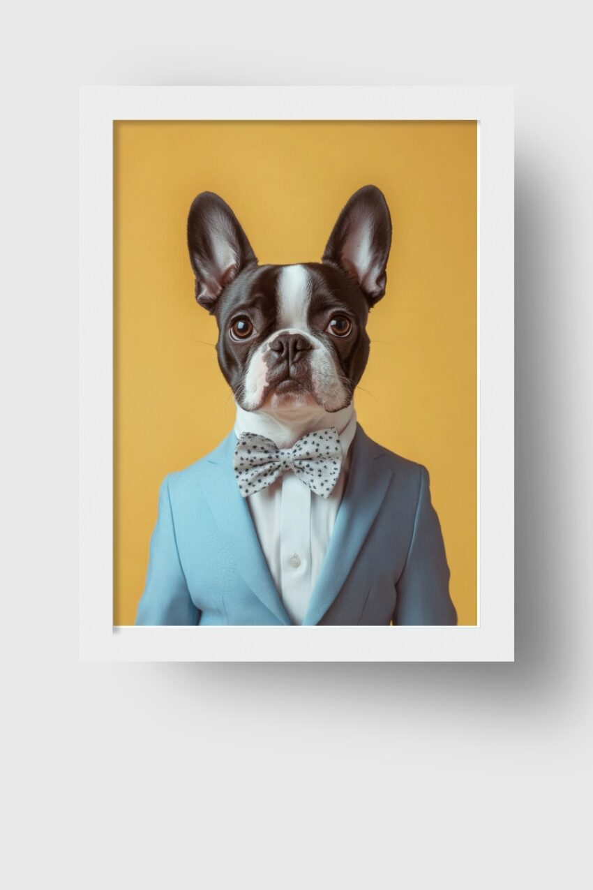 Poster mit Porträt einer Französischen Bulldogge im blauen Anzug und gepunkteter Fliege vor gelbem Hintergrund, farbige Haustierfotografie