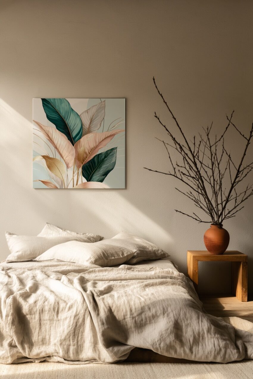 Botanischer Kunstdruck eines Blätter Arrangements mit goldenen Akzenten in Grün und Beige als Poster, Kunstdruck und Wandbild