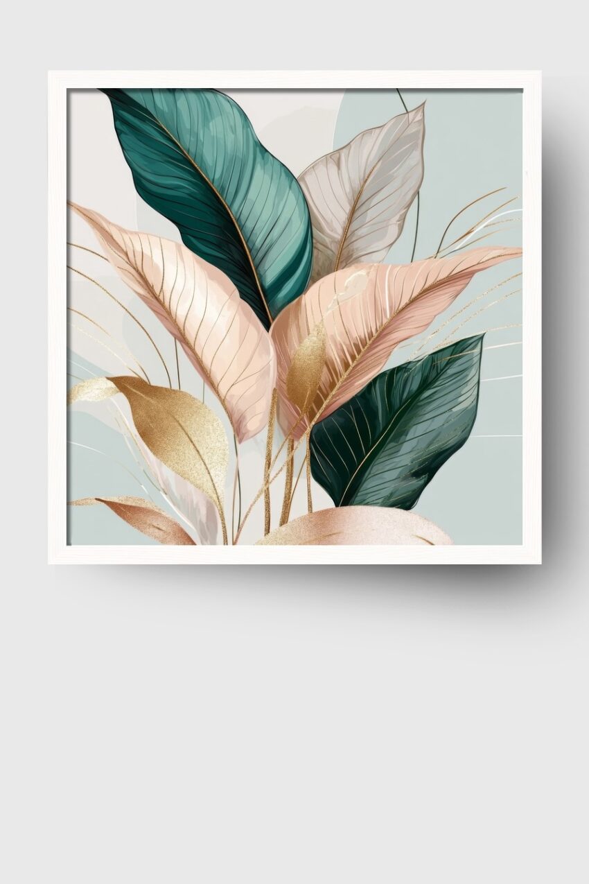 Botanischer Kunstdruck eines Blätter Arrangements mit goldenen Akzenten in Grün und Beige als Poster, Kunstdruck und Wandbild