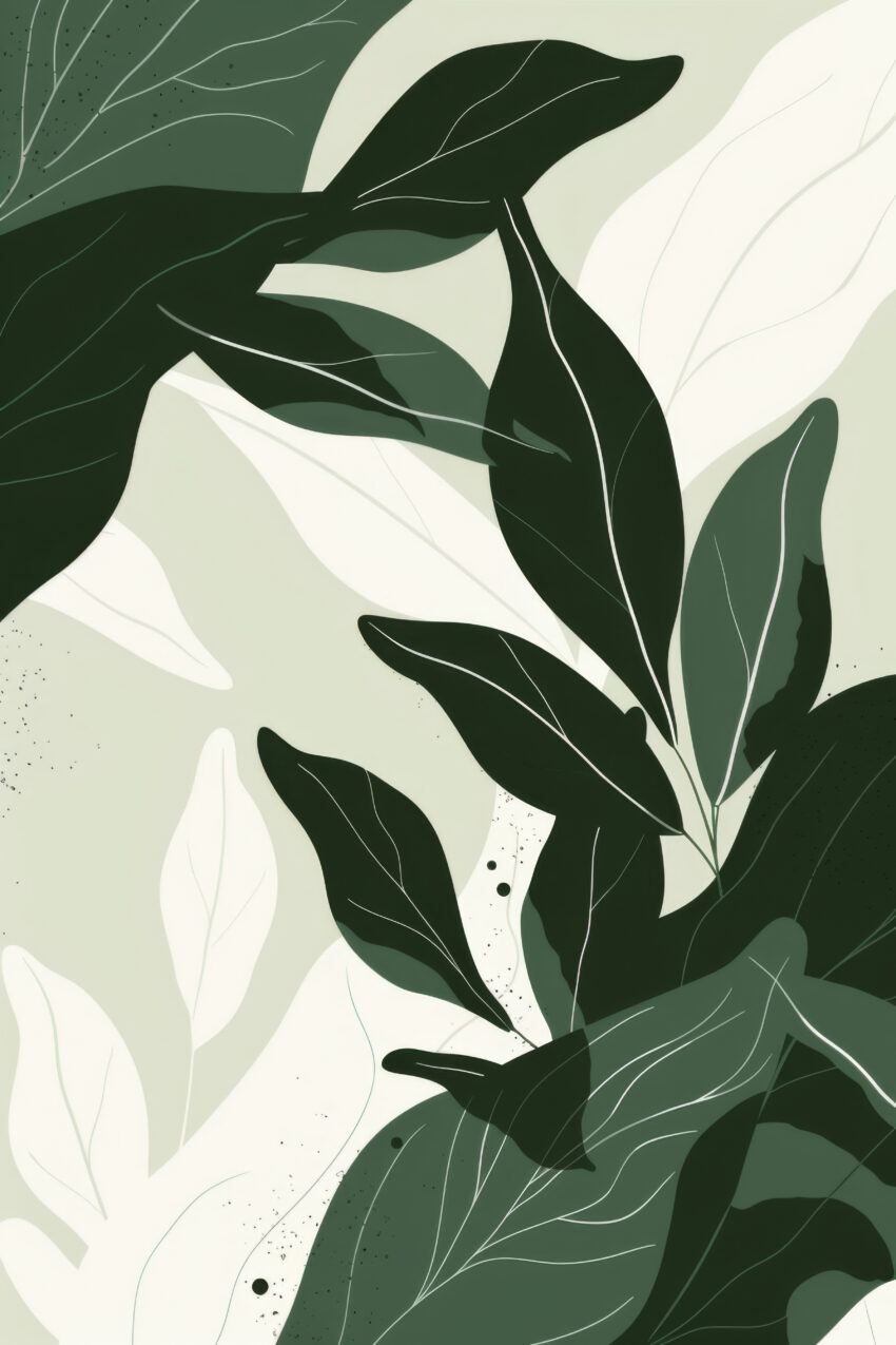 Botanischer Kunstdruck mit grünen Blättern in Grafikstil, minimalistischer Poster auf halbmattem Papier