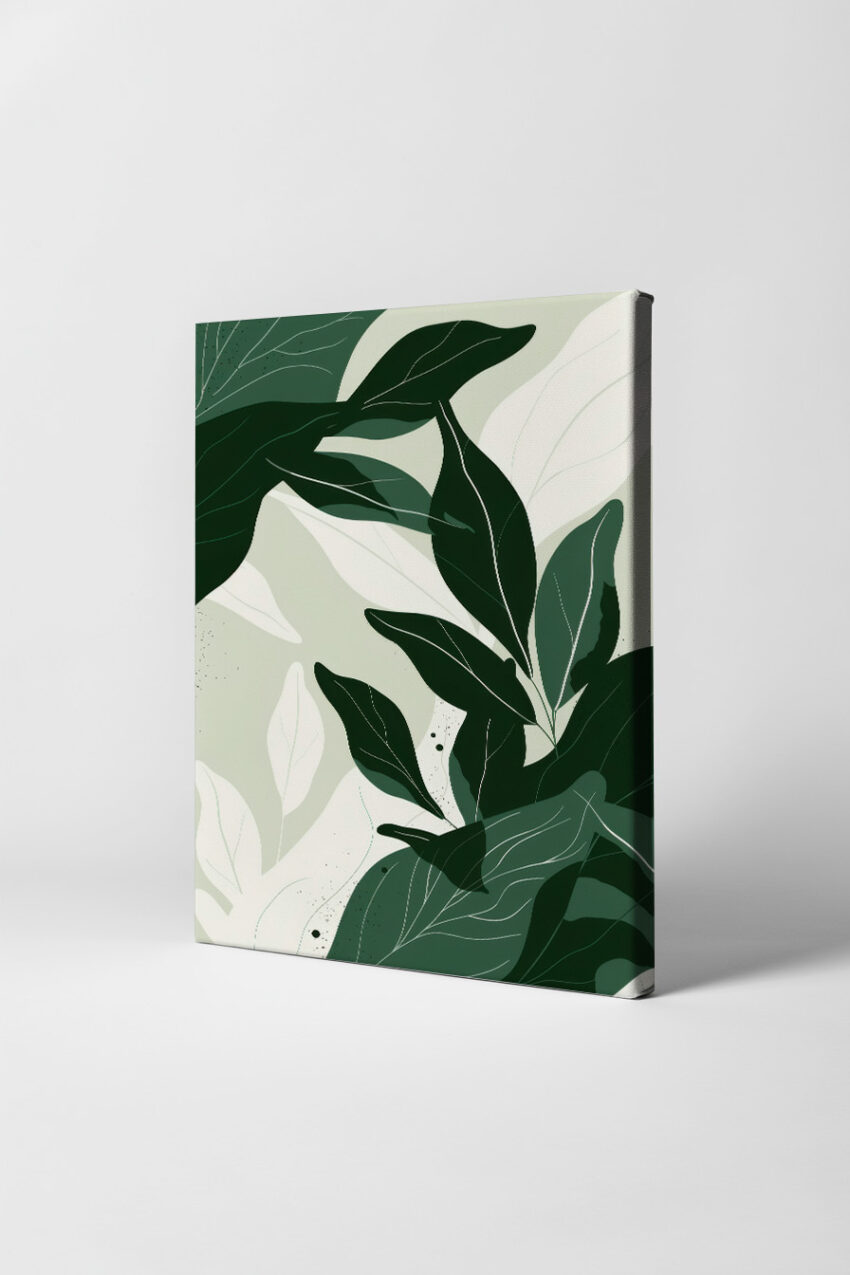 Botanischer Kunstdruck mit grünen Blättern in Grafikstil, minimalistischer Poster auf halbmattem Papier
