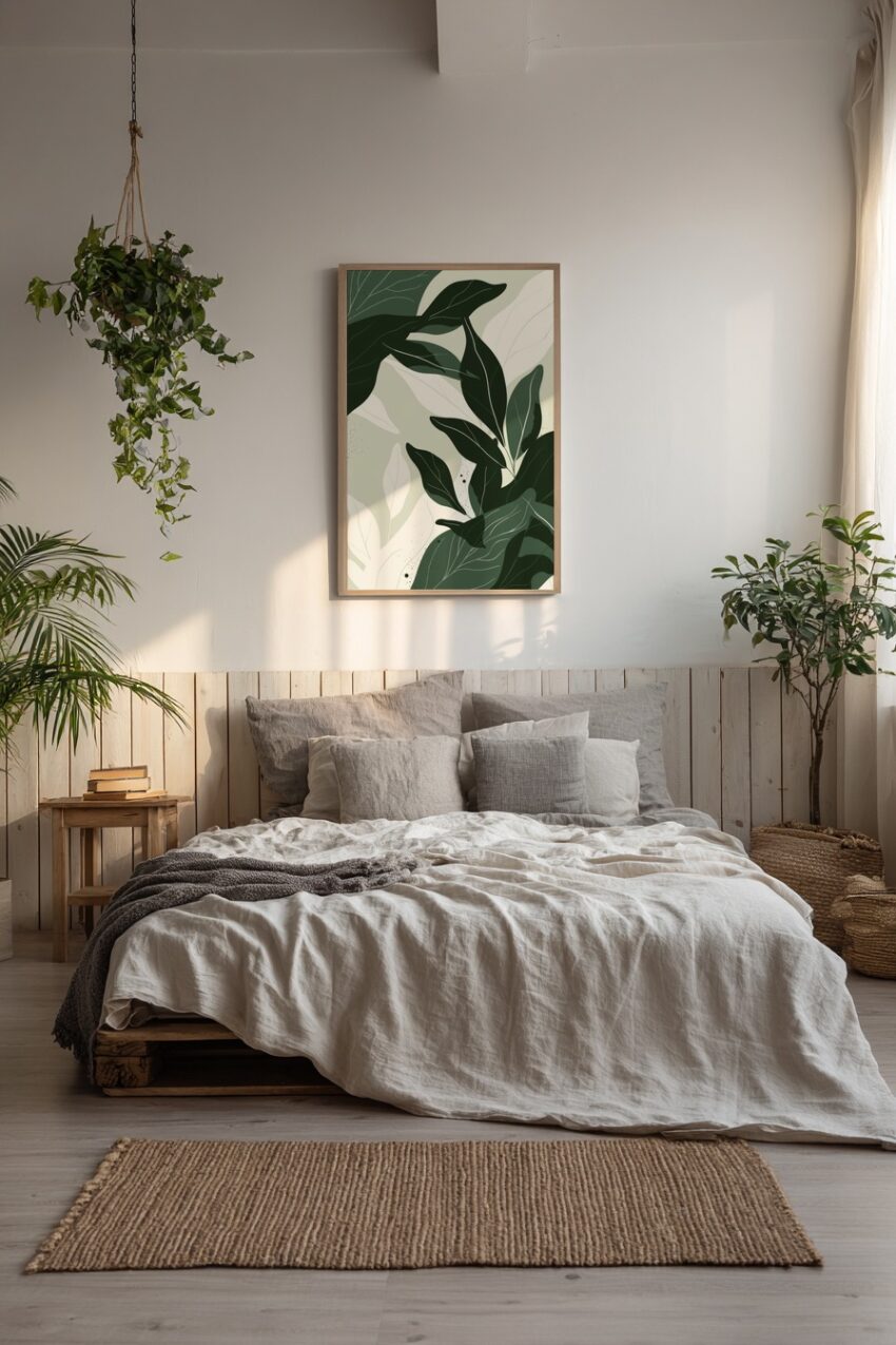 Botanischer Kunstdruck mit grünen Blättern in Grafikstil, minimalistischer Poster auf halbmattem Papier