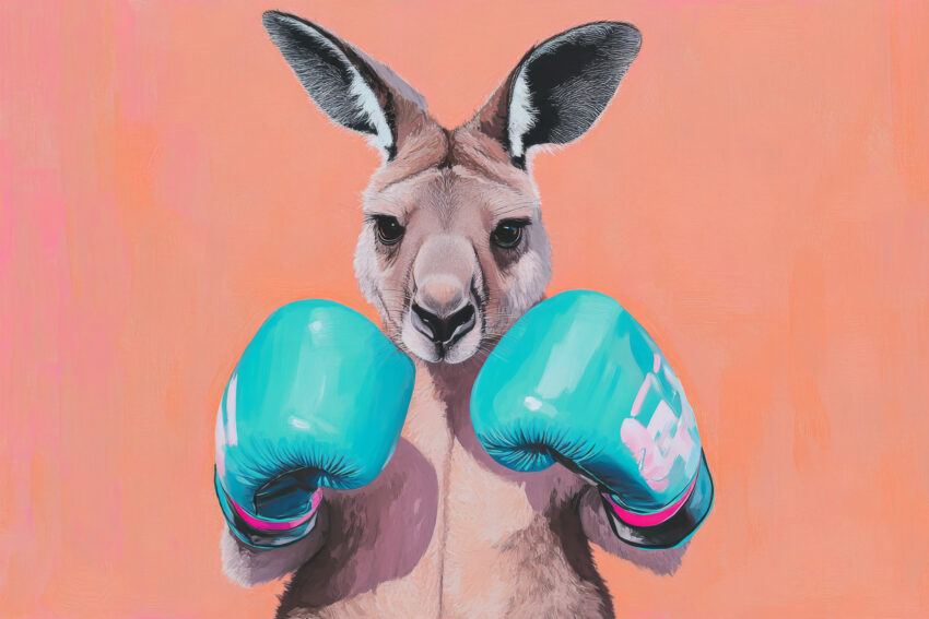 Poster mit einem Känguru in Nahaufnahme, das türkisfarbene Boxhandschuhe trägt vor orangefarbenem Hintergrund, humorvoller Tier-Kunstdruck