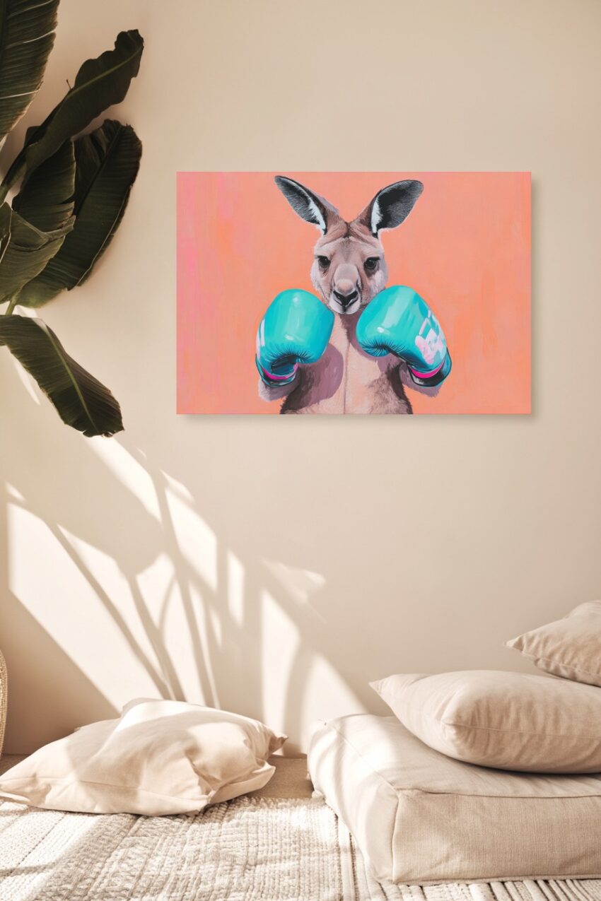Poster mit einem Känguru in Nahaufnahme, das türkisfarbene Boxhandschuhe trägt vor orangefarbenem Hintergrund, humorvoller Tier-Kunstdruck