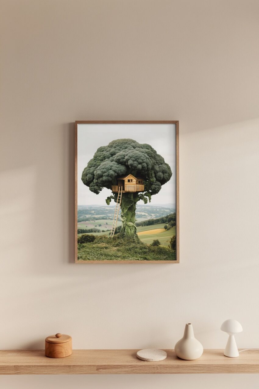 Poster mit einem fantasievollen Baumhaus aus Holz in einem großen Brokkoli, surrealer Naturmotivdruck in grünen Tönen
