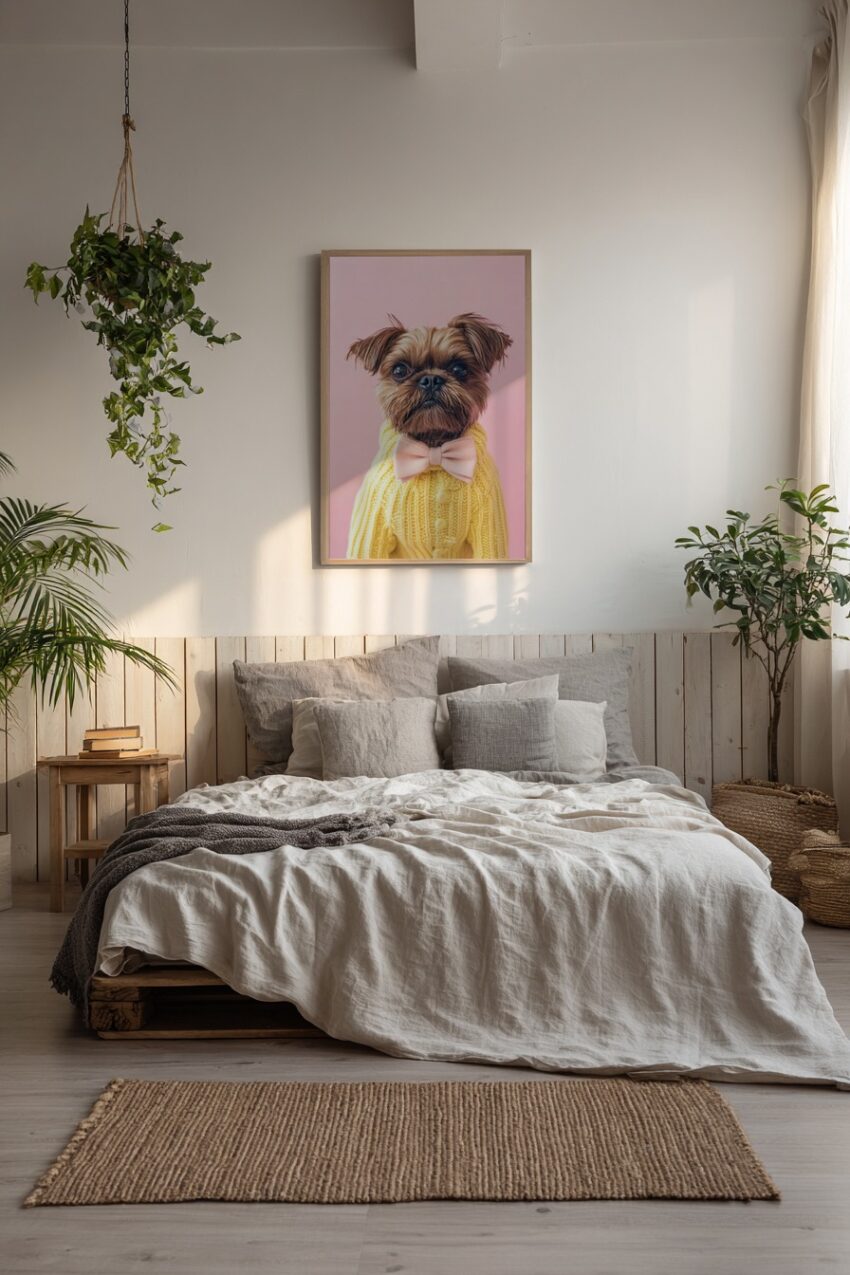 Poster mit Hund in gelbem Strickpullover und rosafarbener Fliege vor rosa Hintergrund, tierisches Porträtfoto