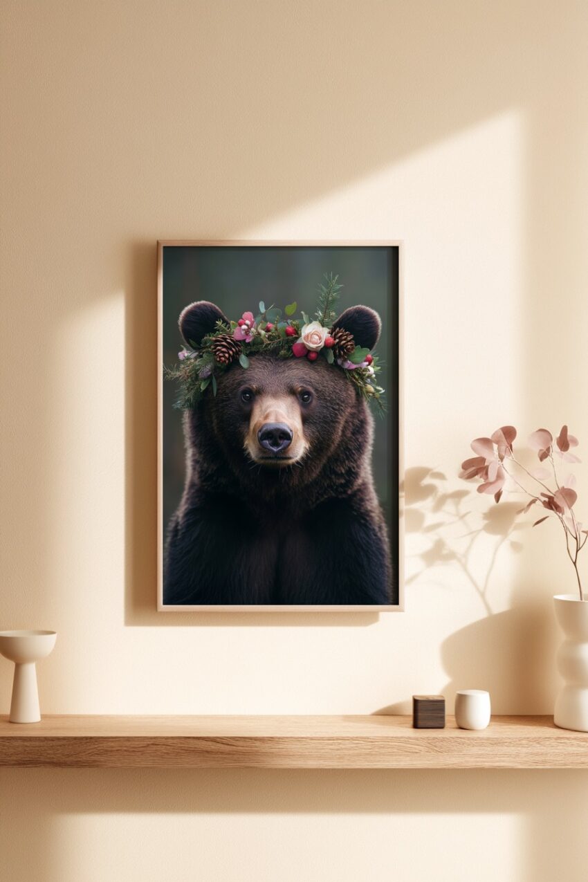 Fotoposter eines braunen Bären mit einem Kranz aus Blumen, Kiefernzweigen und Tannenzapfen, natürliches Tierporträt in sanften Farben
