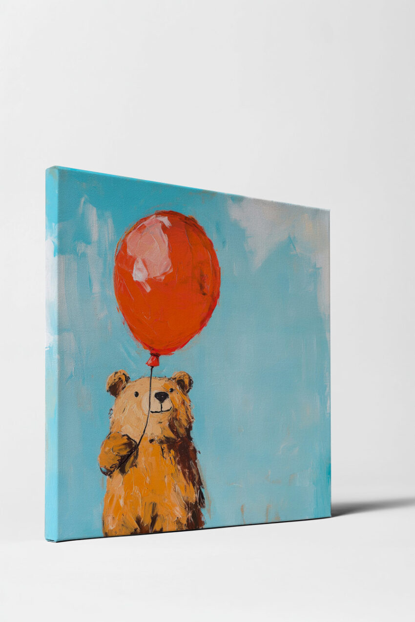 Vintage Kunstdruck mit einem freundlichen Bären, der einen roten Ballon hält, auf hellem blauem Hintergrund