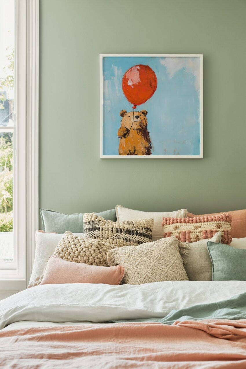 Vintage Kunstdruck mit einem freundlichen Bären, der einen roten Ballon hält, auf hellem blauem Hintergrund