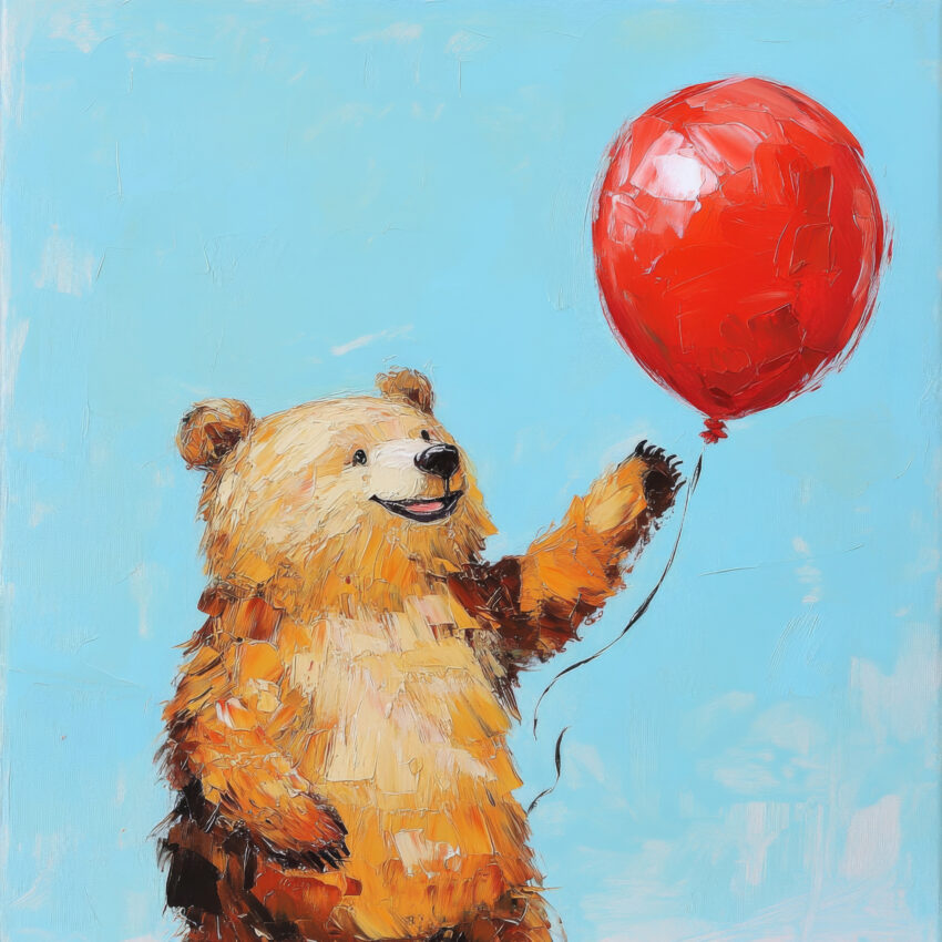 Illustration eines fröhlichen Bären mit rotem Ballon vor blauem Himmel als Poster in lebendigen Farben
