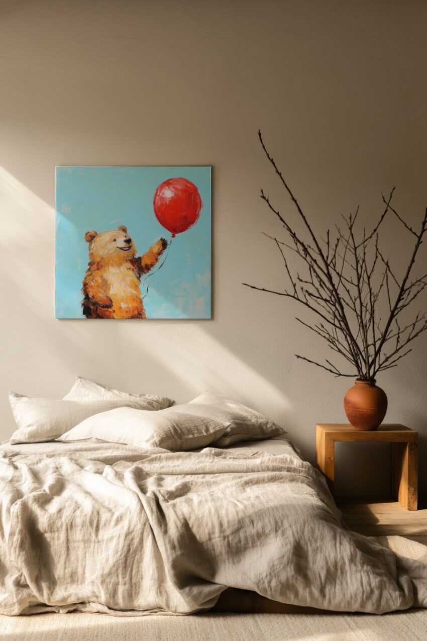 Illustration eines fröhlichen Bären mit rotem Ballon vor blauem Himmel als Poster in lebendigen Farben