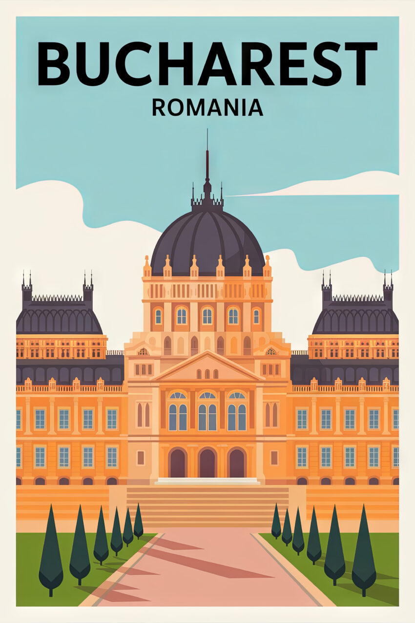 Retro Poster mit dem historischen Palais in Bukarest, stilisierte Architekturzeichnung in warmen Farben auf hellem Hintergrund