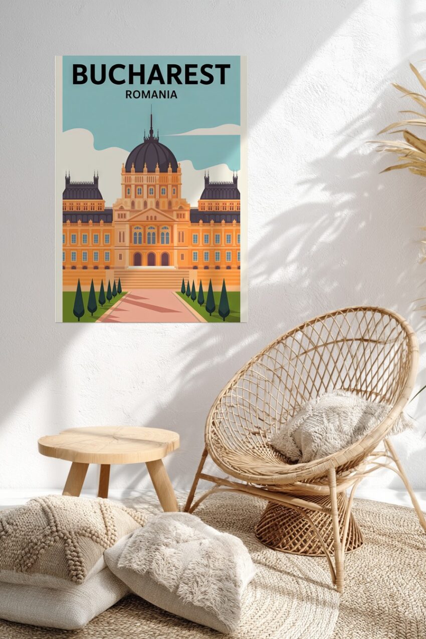 Retro Poster mit dem historischen Palais in Bukarest, stilisierte Architekturzeichnung in warmen Farben auf hellem Hintergrund