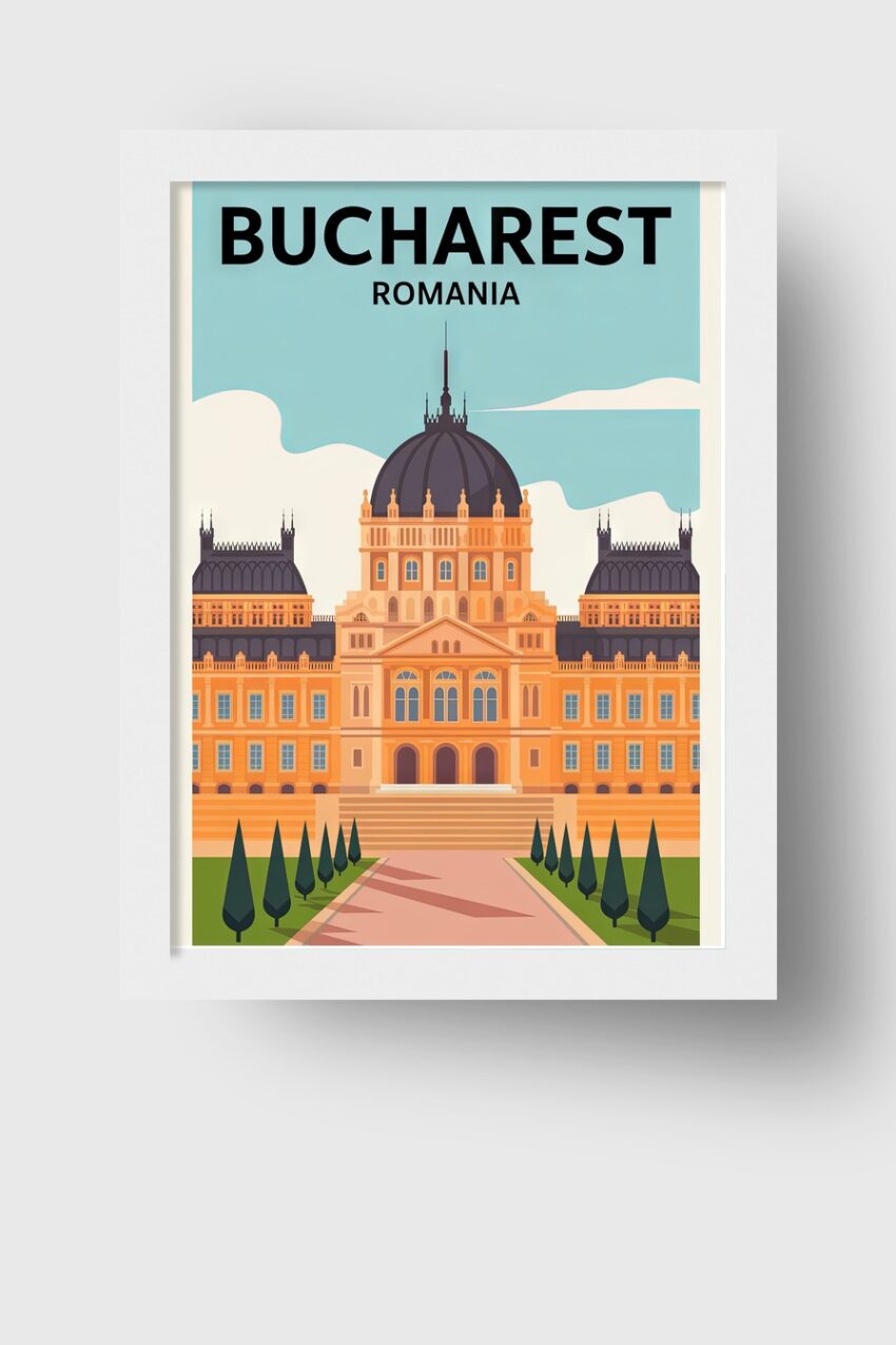 Retro Poster mit dem historischen Palais in Bukarest, stilisierte Architekturzeichnung in warmen Farben auf hellem Hintergrund