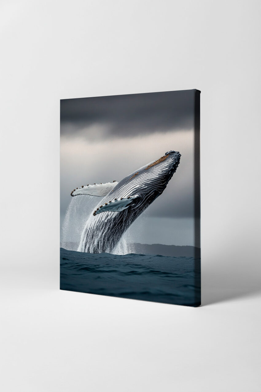 Poster mit einem Buckelwal, der aus dem Wasser springt, in ruhiger Meeresatmosphäre, fotografischer Kunstdruck in Grau- und Blautönen