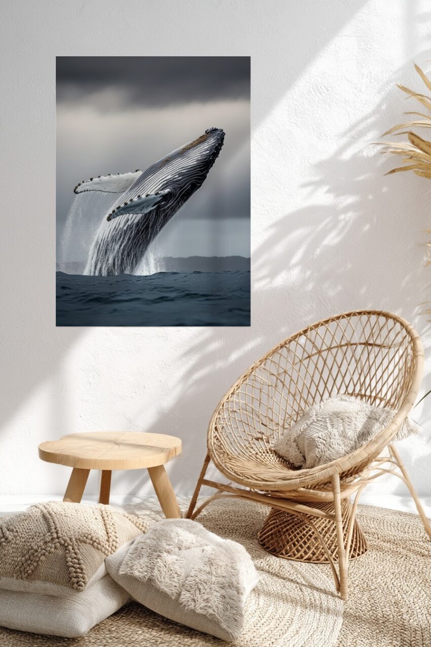 Poster mit einem Buckelwal, der aus dem Wasser springt, in ruhiger Meeresatmosphäre, fotografischer Kunstdruck in Grau- und Blautönen