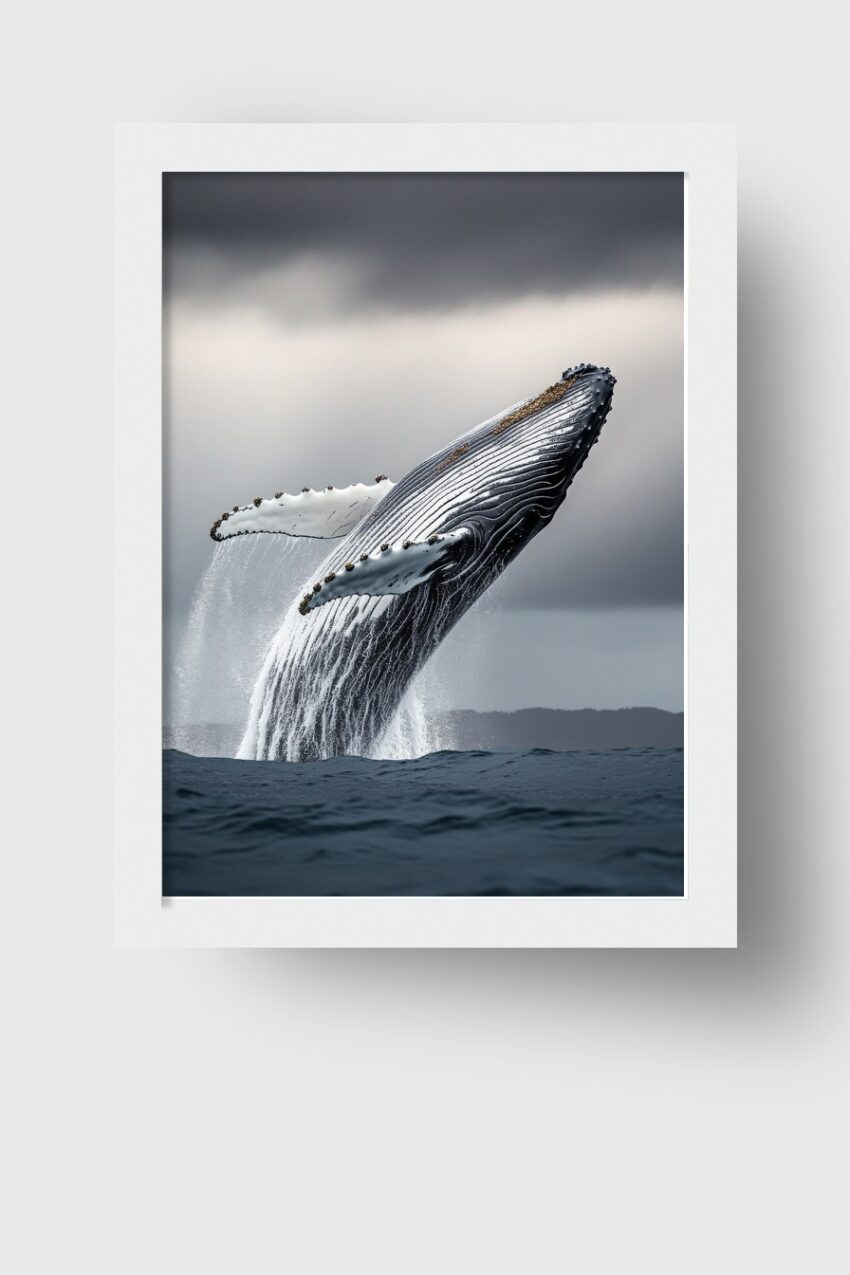 Poster mit einem Buckelwal, der aus dem Wasser springt, in ruhiger Meeresatmosphäre, fotografischer Kunstdruck in Grau- und Blautönen