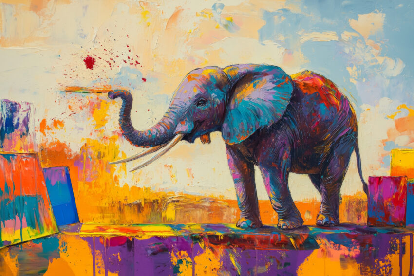 Bunter Kunstdruck eines Elefanten in kräftigen Farben, lebendig und abstrakt als Poster gestaltet