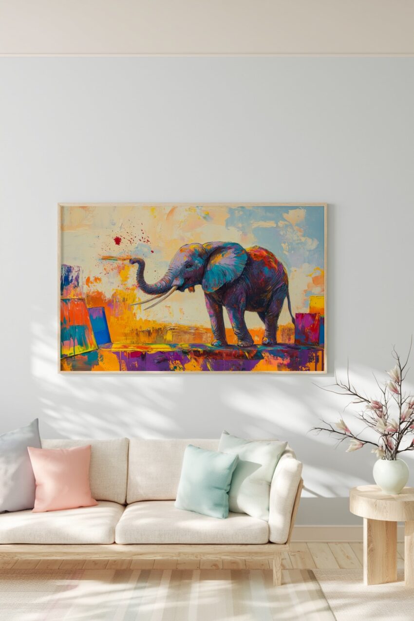 Bunter Kunstdruck eines Elefanten in kräftigen Farben, lebendig und abstrakt als Poster gestaltet