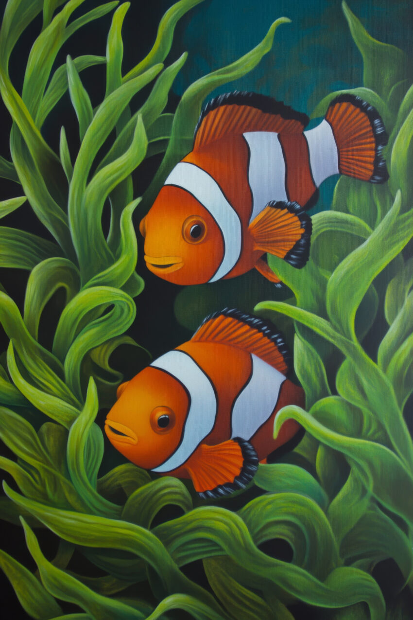 Poster mit zwei farbenfrohen Clownfischen im grünen Seegras, lebendige Unterwasser-Naturillustration