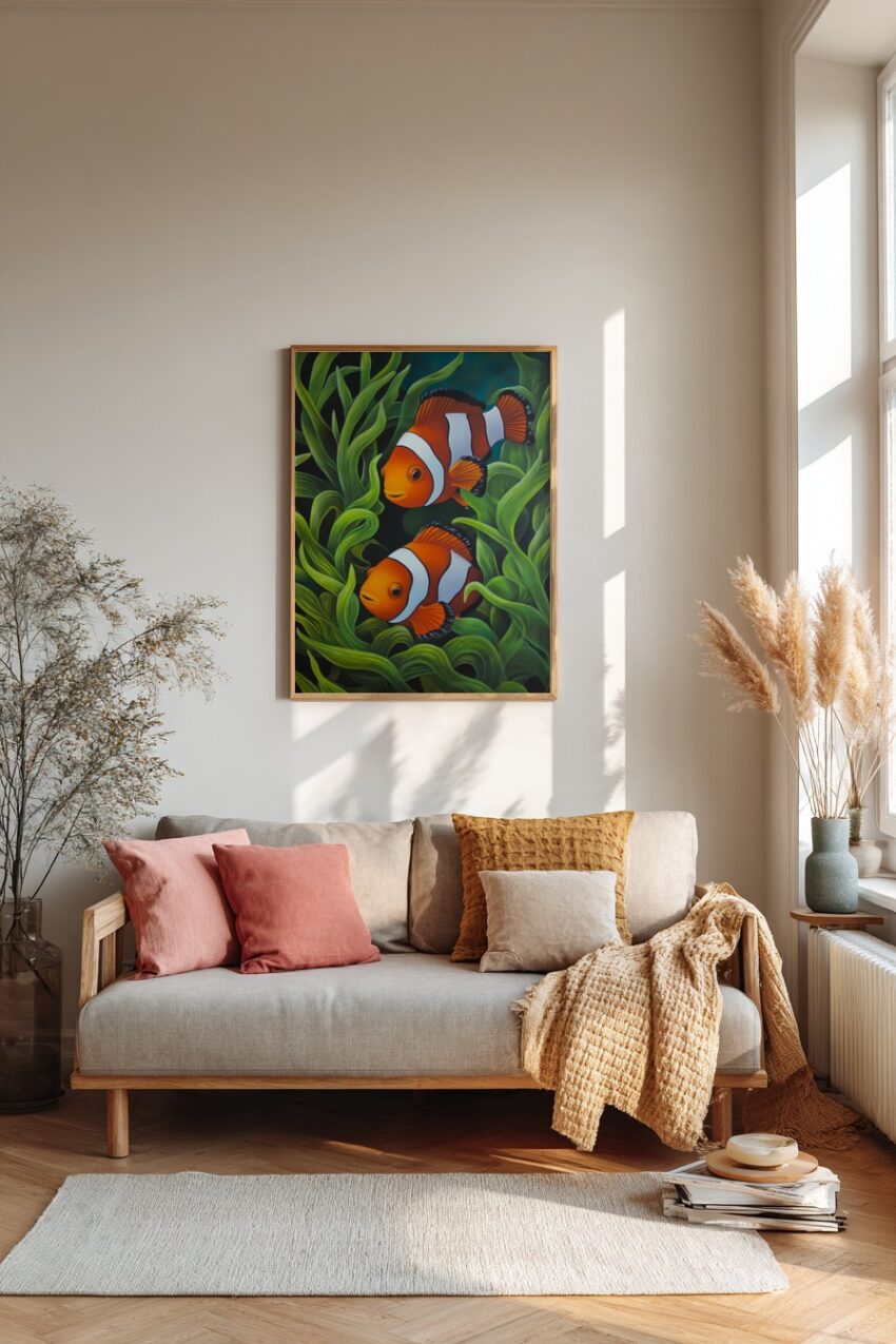 Poster mit zwei farbenfrohen Clownfischen im grünen Seegras, lebendige Unterwasser-Naturillustration