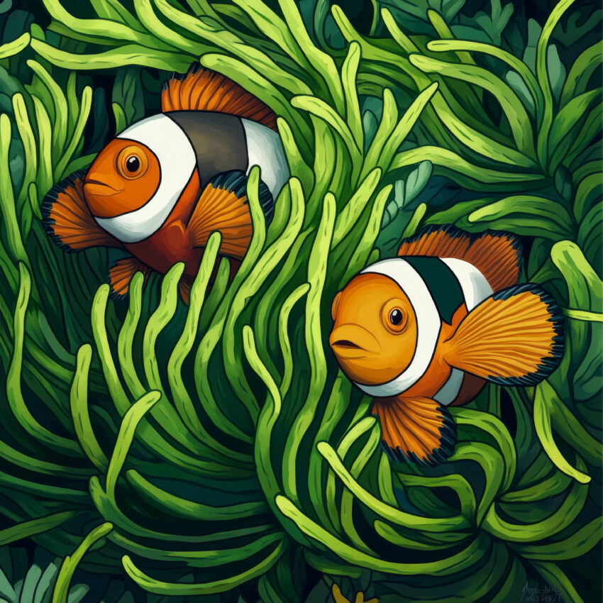 Kunstdruck mit zwei bunten Clownfischen in grüner Anemone, lebendige Unterwasser Szenerie als Poster