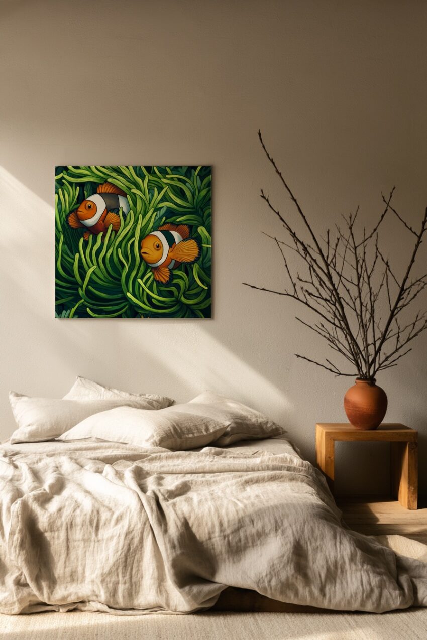 Kunstdruck mit zwei bunten Clownfischen in grüner Anemone, lebendige Unterwasser Szenerie als Poster