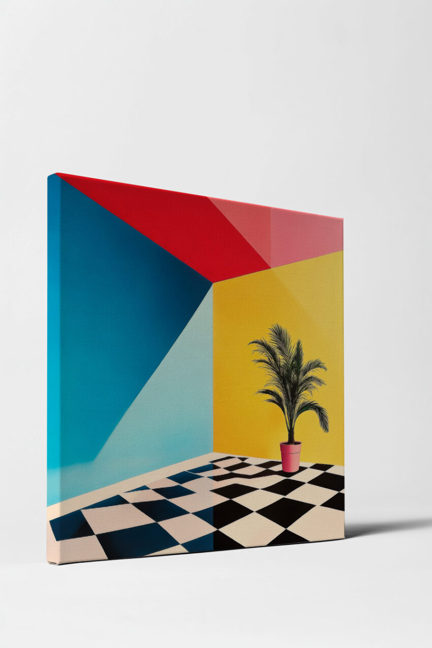 Kunstdruck mit geometrischen Farbflächen in Gelb, Rot und Blau sowie Schachbrettboden mit Palme in Topf im modern minimalistischen Stil