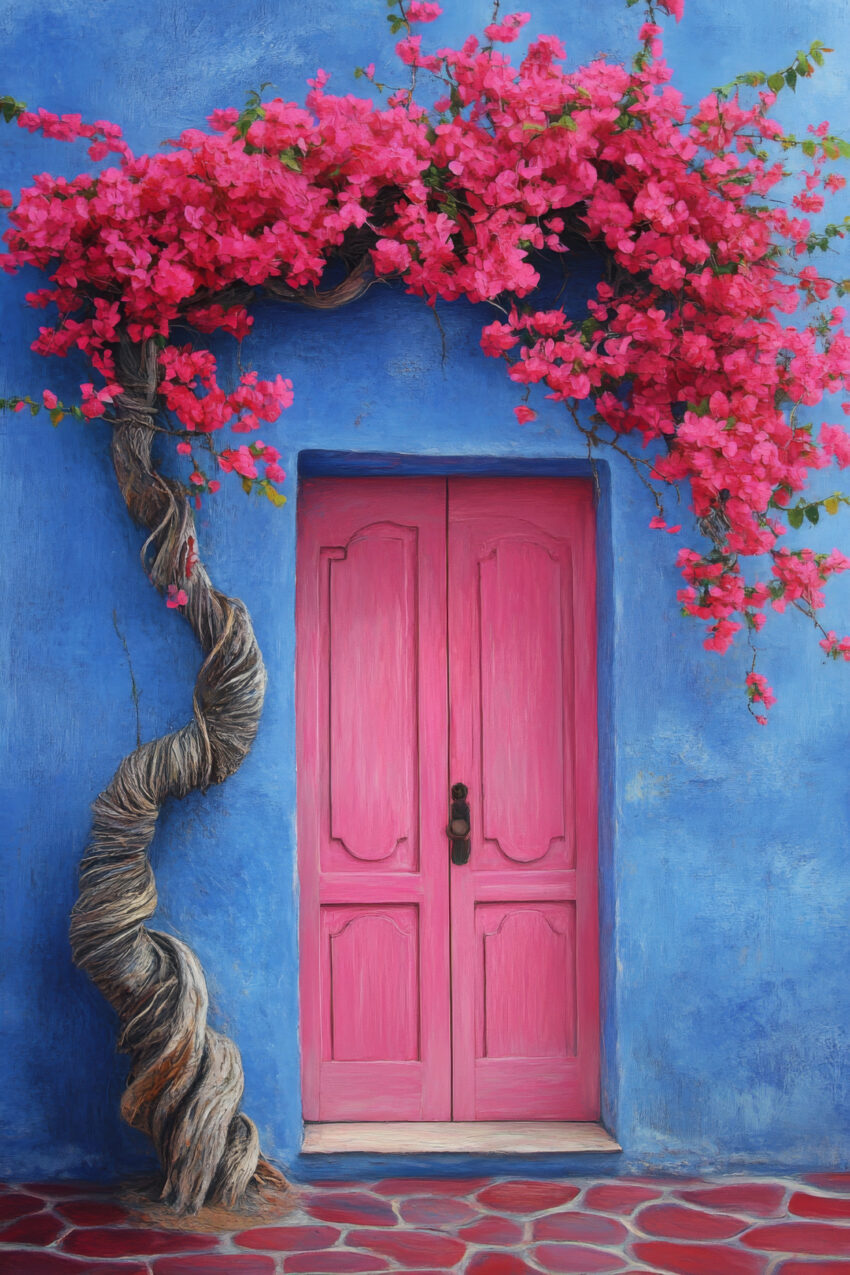 Poster mit einer rosafarbenen Tür und blühendem Bougainvillea-Strauch vor blauem Hintergrund, botanischer Kunstdruck mit kräftigen Farben
