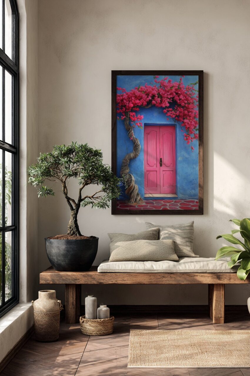 Poster mit einer rosafarbenen Tür und blühendem Bougainvillea-Strauch vor blauem Hintergrund, botanischer Kunstdruck mit kräftigen Farben