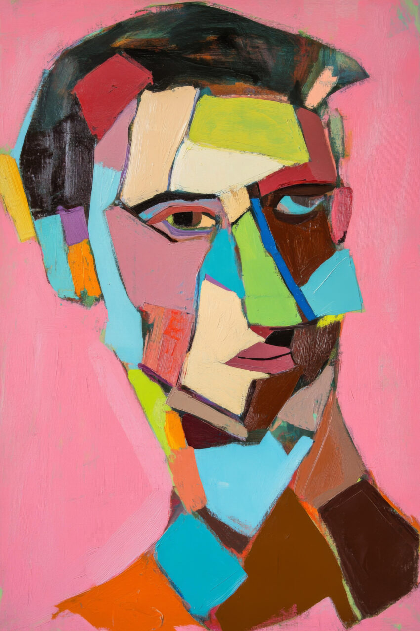 Kubistisches Poster mit farbenfrohem abstraktem Männergesicht in kräftigen Tönen vor rosa Hintergrund, moderner Kunstdruck