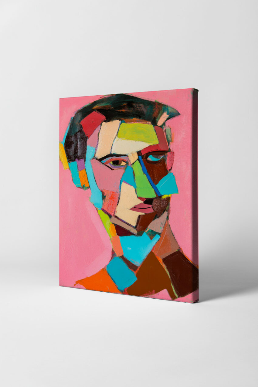 Kubistisches Poster mit farbenfrohem abstraktem Männergesicht in kräftigen Tönen vor rosa Hintergrund, moderner Kunstdruck