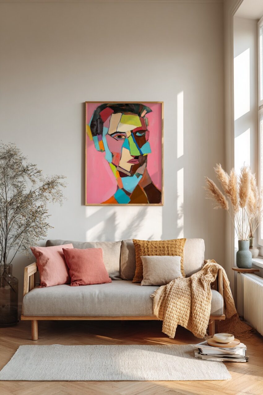 Kubistisches Poster mit farbenfrohem abstraktem Männergesicht in kräftigen Tönen vor rosa Hintergrund, moderner Kunstdruck