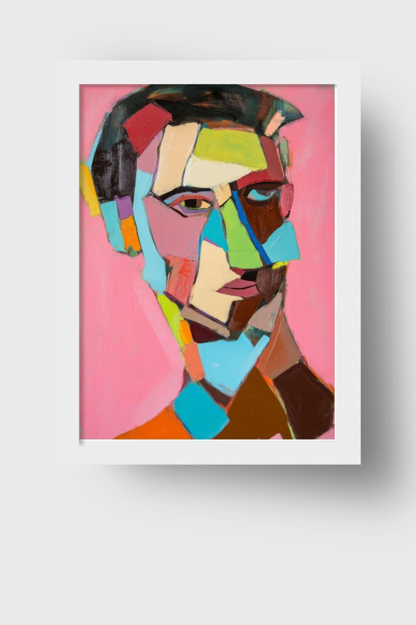 Kubistisches Poster mit farbenfrohem abstraktem Männergesicht in kräftigen Tönen vor rosa Hintergrund, moderner Kunstdruck