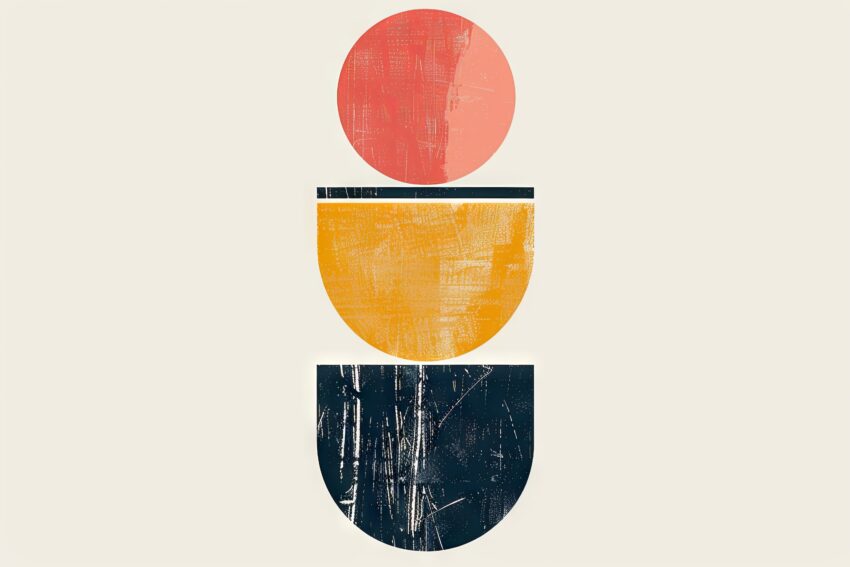 Abstraktes Poster mit roten, gelben und blauen Halbkreisen in geometrischer Anordnung, minimalistische Grafik mit strukturierter Oberfläche