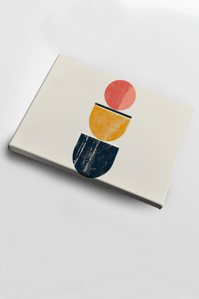 Abstraktes Poster mit roten, gelben und blauen Halbkreisen in geometrischer Anordnung, minimalistische Grafik mit strukturierter Oberfläche