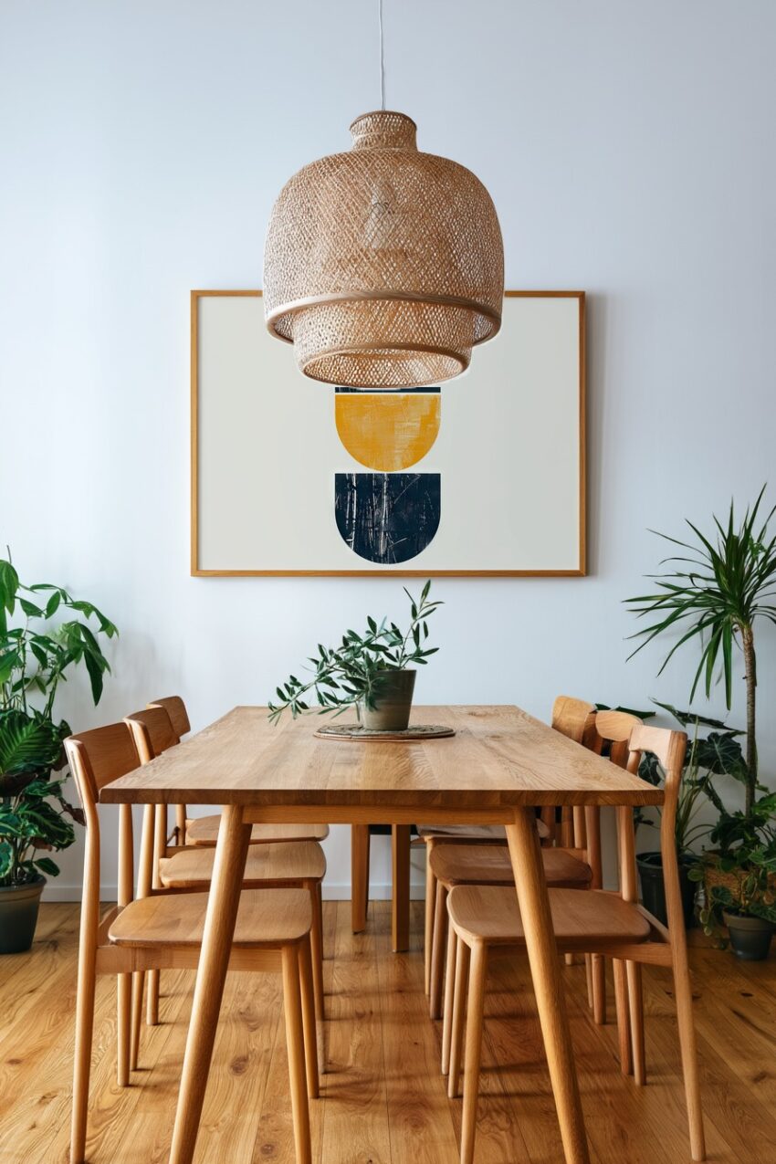 Abstraktes Poster mit roten, gelben und blauen Halbkreisen in geometrischer Anordnung, minimalistische Grafik mit strukturierter Oberfläche