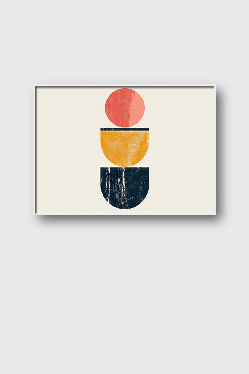 Abstraktes Poster mit roten, gelben und blauen Halbkreisen in geometrischer Anordnung, minimalistische Grafik mit strukturierter Oberfläche