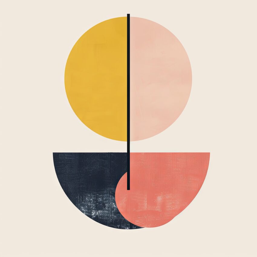 Abstraktes Poster mit geometrischen Halbkreisen in Gelb, Rose und Schwarz, feiner Linie, minimalistisch gestaltet