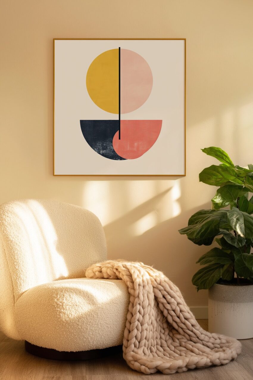 Abstraktes Poster mit geometrischen Halbkreisen in Gelb, Rose und Schwarz, feiner Linie, minimalistisch gestaltet