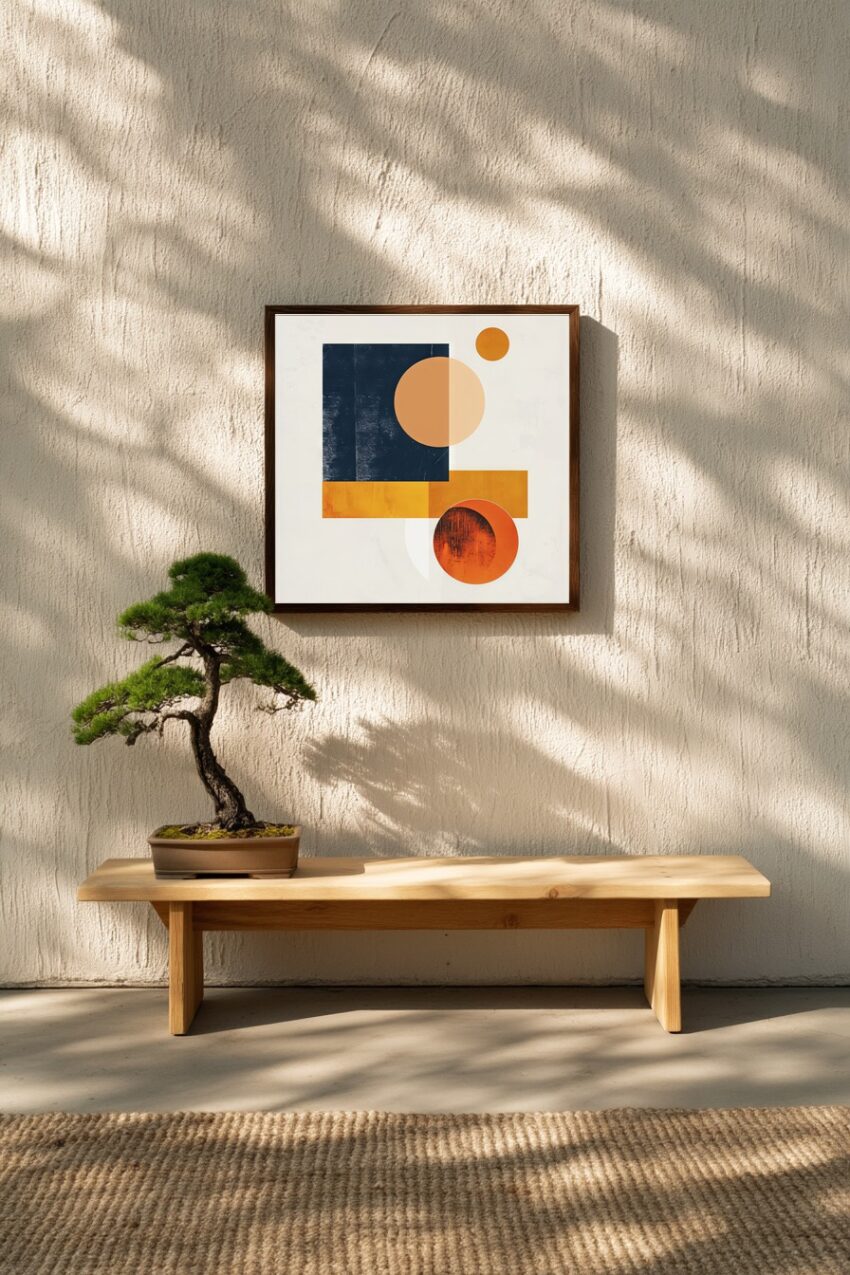 Abstrakter Kunstdruck mit geometrischen Formen aus Kreisen und Quadraten in Orange und Dunkelblau als Poster